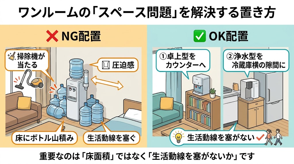 一人暮らしのウォーターサーバー導入で発生するワンルームのスペース問題