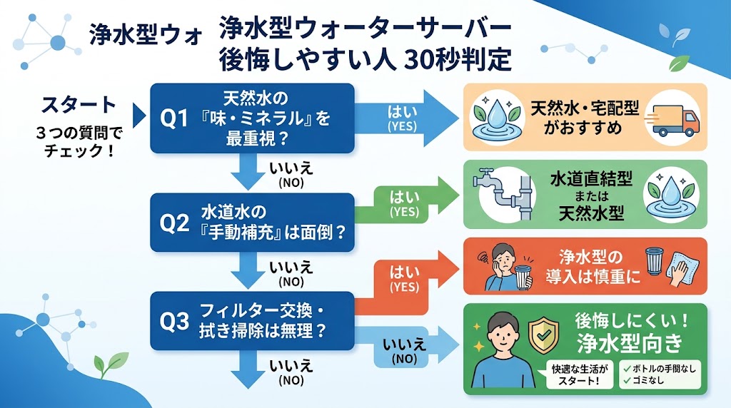 浄水型ウォーターサーバーで後悔しやすい人|30秒判定