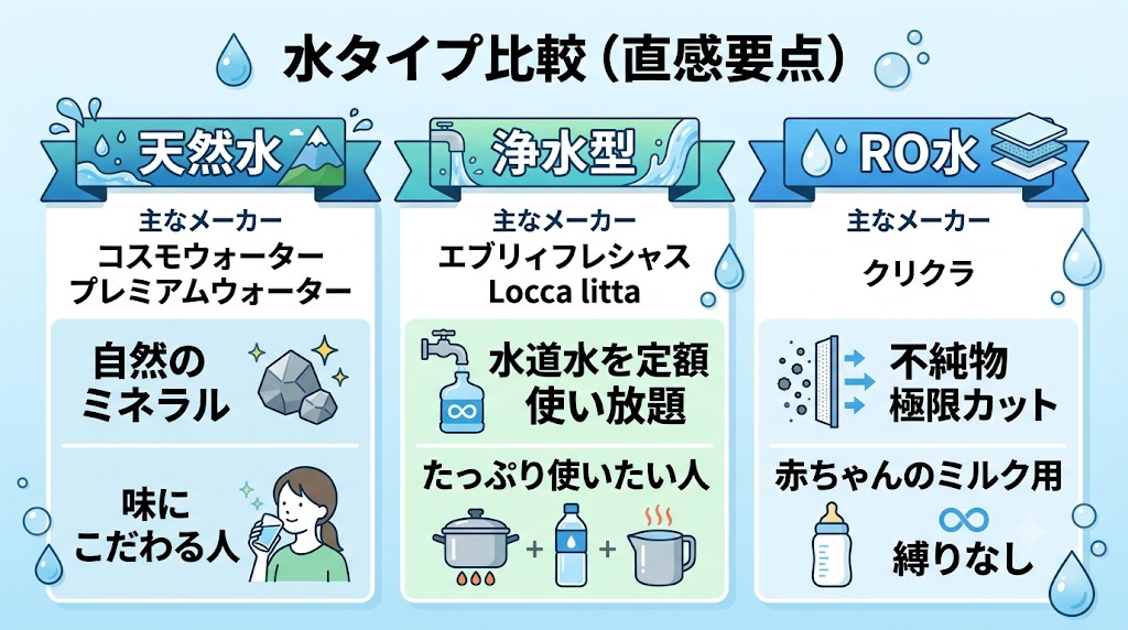 水タイプ(天然水・浄水・RO水)比較