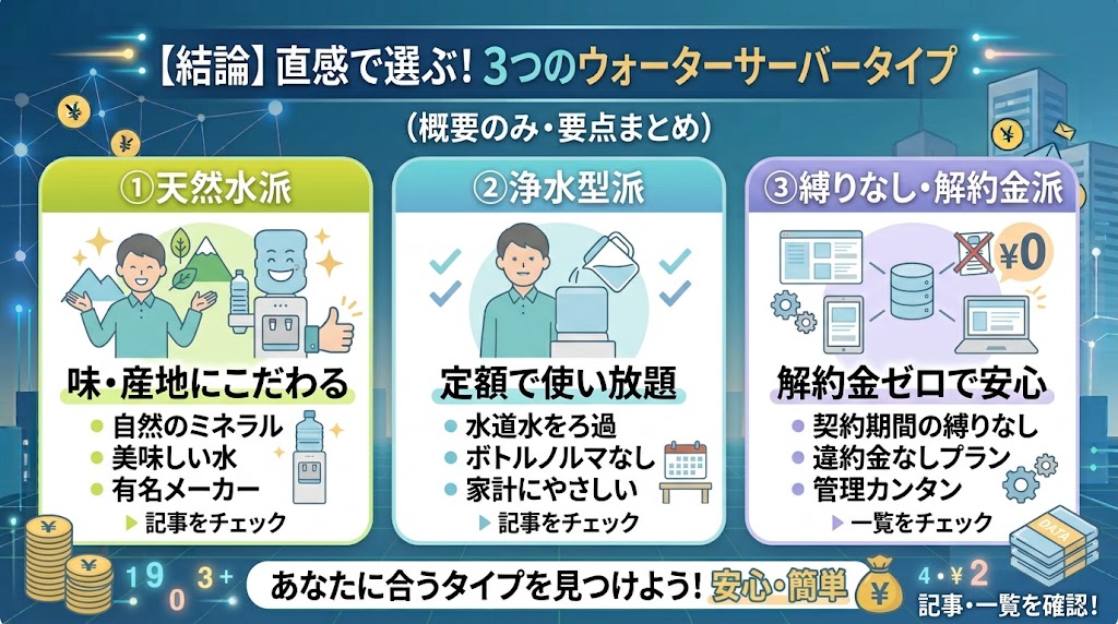 タイプ別に選ぶ|天然水・浄水型・縛りなし