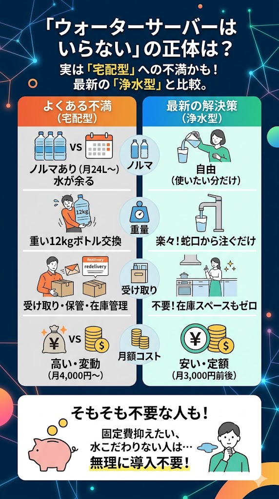 ウォーターサーバーがいらない理由は宅配型が合わないだけ？浄水型と比較