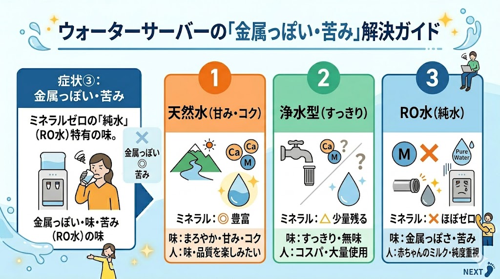 ウォーターサーバー 金属の味がする場合の解決方法