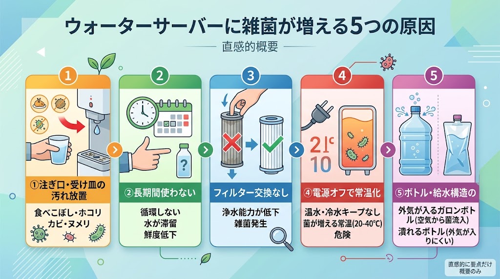 ウォーターサーバーに雑菌が繁殖してしまう5つの原因