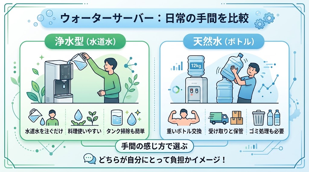 ボトル交換・水の補充・保管はどちらが楽?