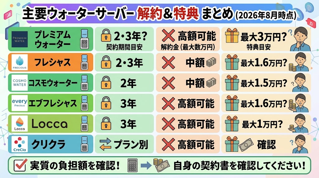 主要メーカーのウォーターサーバー解約金（違約金）一覧