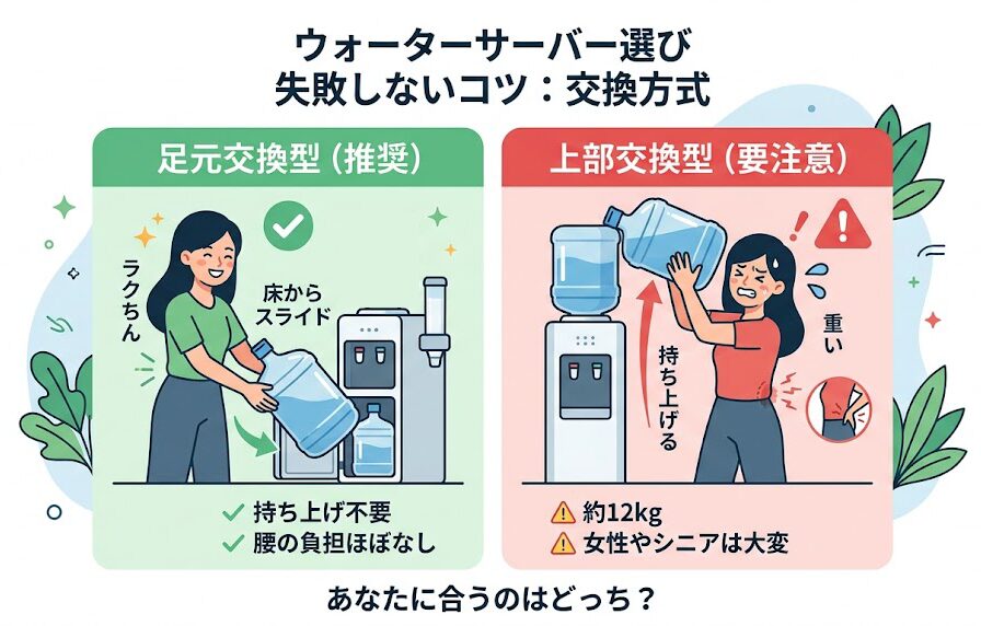 天然水選びで「交換方式」は利用しやすさに直結の図