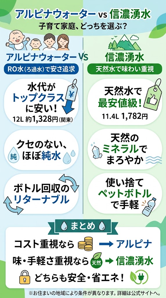 アルピナウォーターと信濃湧水を15項目簡易比較図