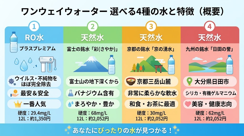 ワンウェイウォーターで選べる4種の水と特徴