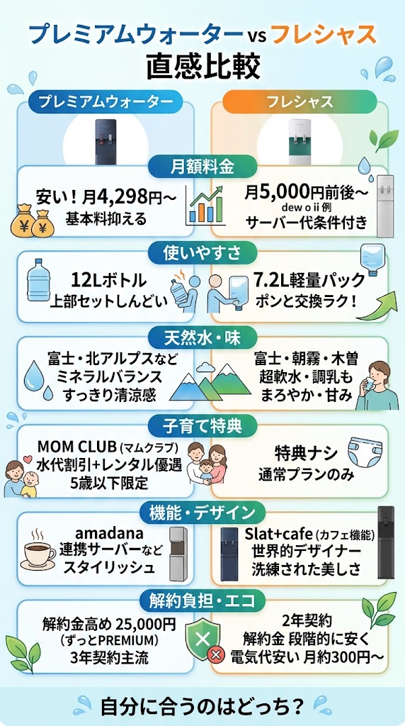 プレミアムウォーターとフレシャスを15項目比較概要図